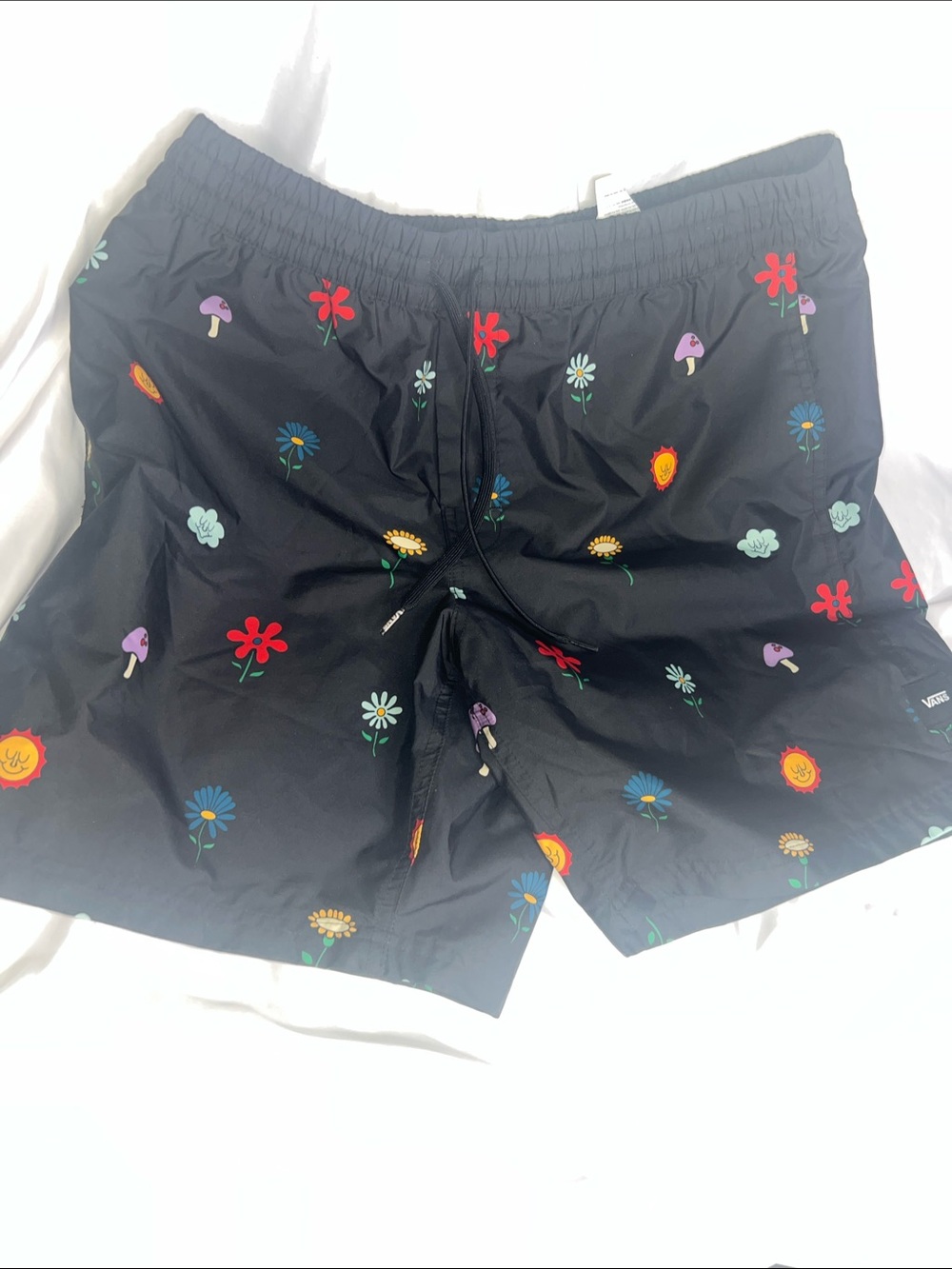 Vans Men's Black Cartoon Floral Flowers & Mushroom Print Swim Shorts Trunks Med